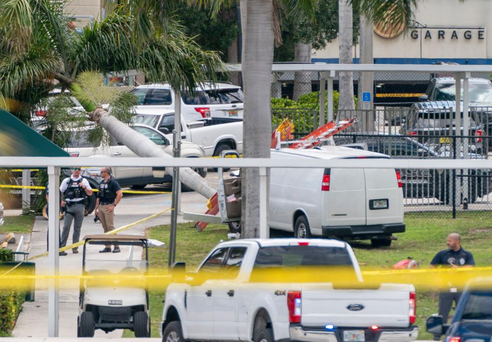 A van that crashed into a tree on campus of the Dreyfoos School of the Arts,  on May 13, 2022 in West Palm Beach, Florida.