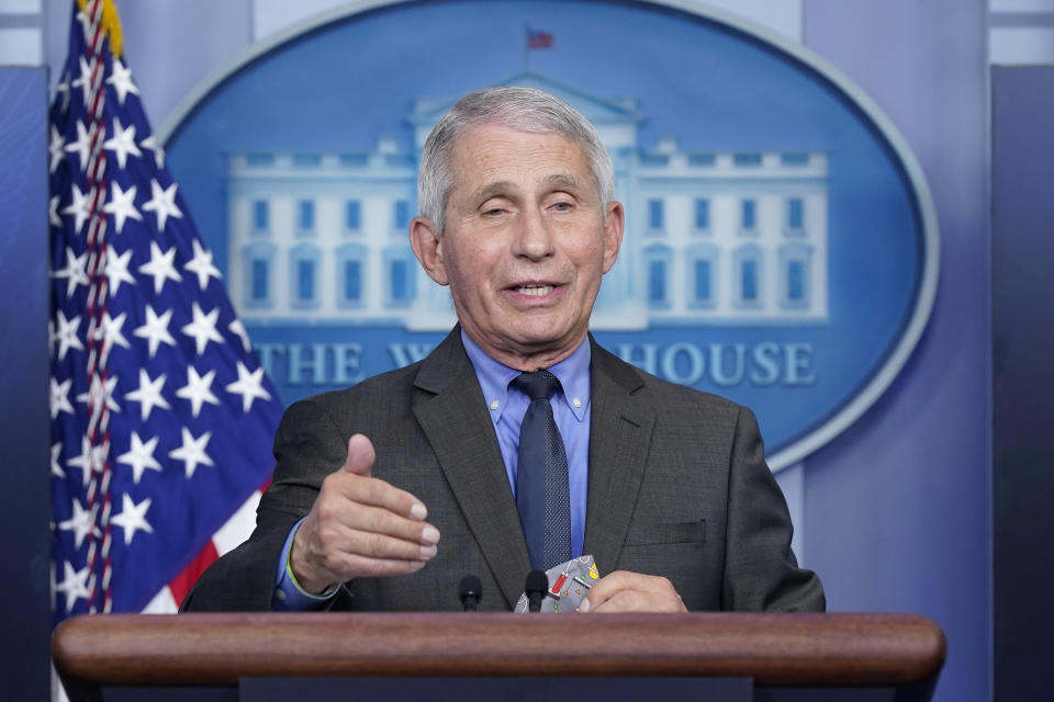 FILE - In this April 13, 2021 file photo, Dr. Anthony Fauci, director of the National Institute of Allergy and Infectious Diseases, speaks during a press briefing at the White House, in Washington. Fauci is participating along with soprano Renee Fleming, the CEOs of Pfizer and Moderna and the lead guitarist of Aerosmith among others in a unique three-day Vatican conference starting Thursday, May 6, 2021, on COVID-19, other global health threats and how science, solidarity and spirituality can address them. (AP Photo/Patrick Semansky, file)