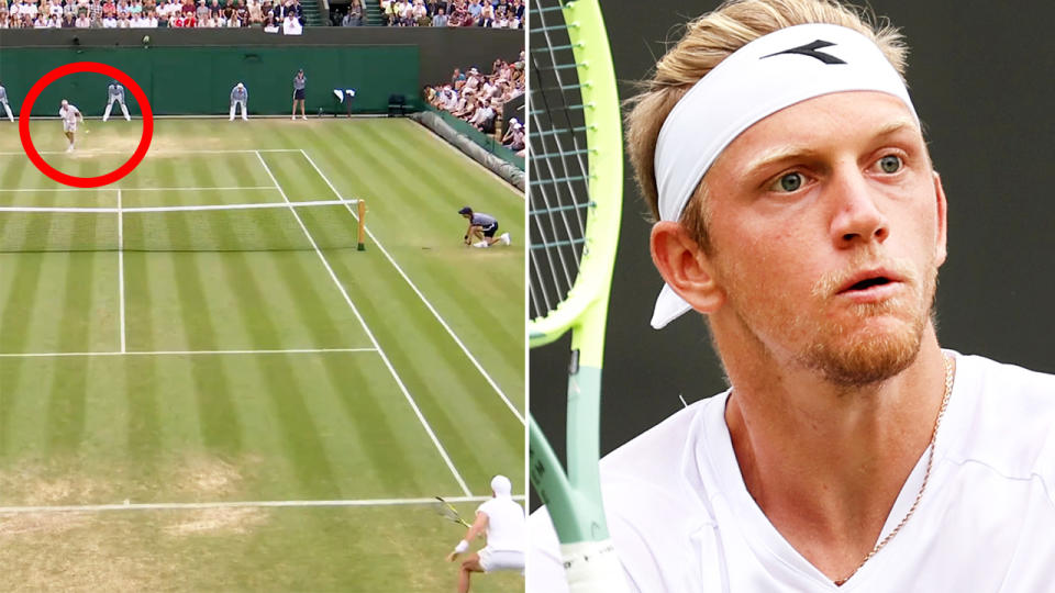 Alejandro Davidovich Fokina's underarm serve is seen left, and Fokina himself pictured right.