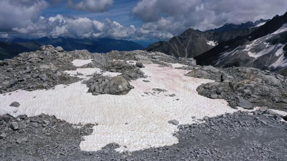 An aerial picture taken on July 3, 2020 above the Presena glacier near Pellizzano, shows pink colored snow, supposedly due to the presence of colonies of algae of the species Ancylonela nordenskioeldii from Greenland. (Photo by Miguel MEDINA / AFP) (Photo by MIGUEL MEDINA/AFP via Getty Images)