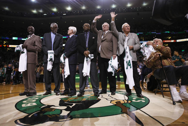 BOSTON, MA - APRIL 18: Members of the &#39;62 Celtics team from left, Tom Sanders, Bill Russell, Frank Ramsey, Sam Jones, Tom Heinsohn, Bob Cousy, and Jim Loscutoff are honored on the 50th anniversary of Boston&#39;s game 7 win over the Los Angeles Lakers to win an NBA championship, at the TD Garden during half time.  The Boston Celtics play the Orlando Magic at the TD Garden during a regular season NBA game in Boston, MA on April 18, 2012. (Photo by Yoon S. Byun/The Boston Globe via Getty Images)