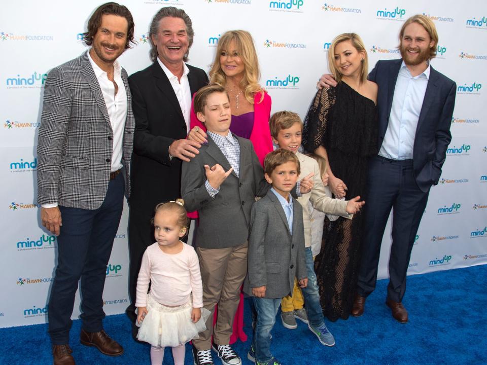 Oliver Hudson, Kurt Russell, Goldie Hawn, Wyatt Russell and Kate Hudson with kids Ryder Robinson, Wilder Hudson, Bodhi Hudson, Rio Hudson and Bingham Bellamy attend Goldie Hawn's Annual "Goldie's Love in for Kids" Event, in Beverly Hills, California, on May 6, 2016