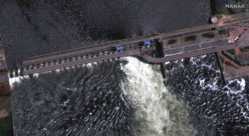 A satellite image shows Nova Kakhovka Dam in Kherson region