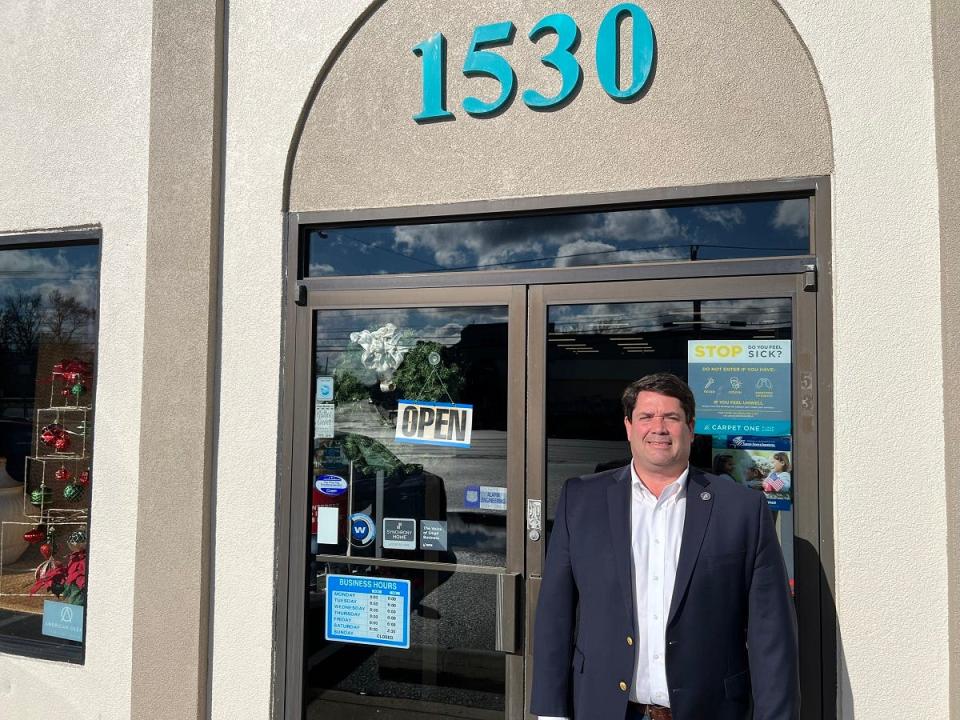 In this file photo, Republican Del. Chris Adams, the chair of the Eastern Shore delegation to the Maryland General Assembly, stands outside his family-owned business Value Carpet One in Salisbury, Maryland on Dec. 16, 2023. "We are citizen legislators who all have a honorable reason for being here," said Adams, of his work in Annapolis, during a Jan. 30, 2024 interview.