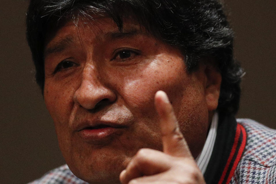 Former Bolivian President Evo Morales, who was granted asylum in Mexico, speaks during a press conference in Mexico City, Wednesday, Nov. 20, 2019. (AP Photo/Rebecca Blackwell)