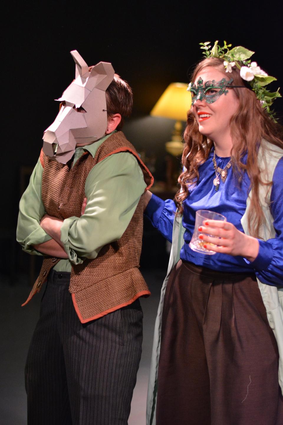 Beth Ward, left, as Benedick, and Megan Hamel, as Beatrice, rehearse a scene for GhostLight Theatre's production of Shakespeare's "Much Ado About Nothing" that opens its 2023 season from May 11 to 21 in Benton Harbor.