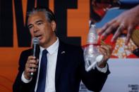 California Attorney General Rob Bonta announces a lawsuit against oil giant Exxon Mobil over its alleged role in global plastic waste pollution during a press conference in New York City