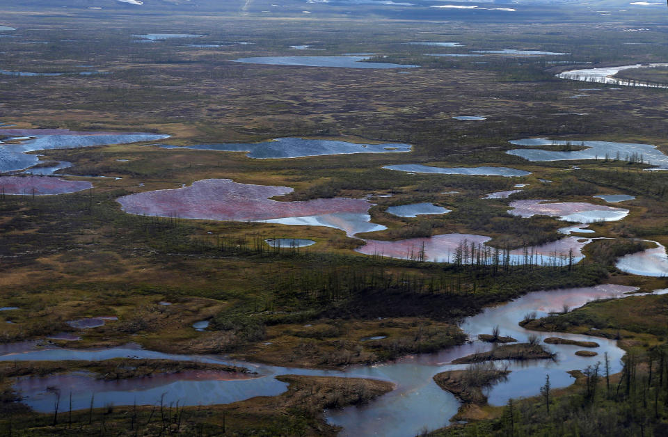 An aerial view shows the pollution in a river outside Norilsk on June 6, 2020, after a subsidiary of metals giant Norilsk Nickel's massive diesel spill on May 29. (Irina Yarinskava / AFP via Getty Images)