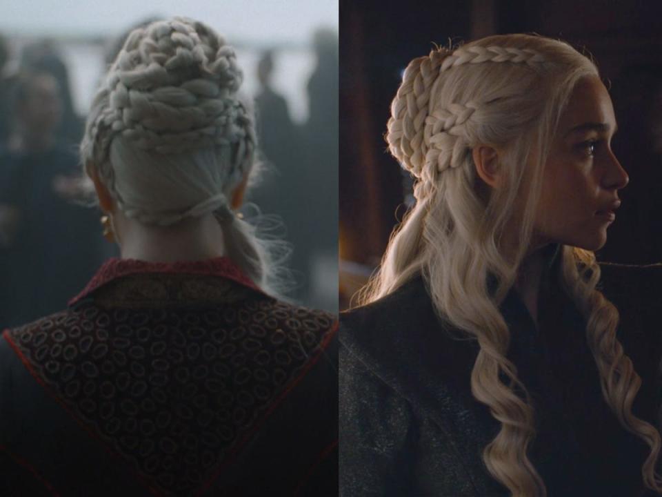 A side-by-side look at Rhaenyra's hair in "House of the Dragon" and Daenerys' braids in "Game of Thrones."