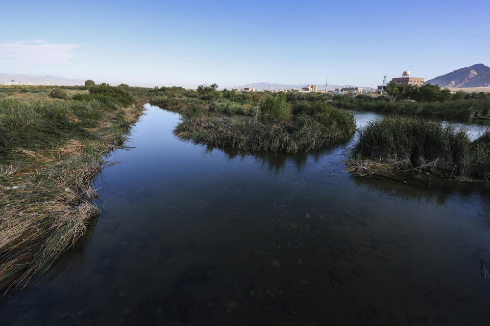 The Las Vegas Wash passes through the 2,900 acre Clark County Wetland Park on Friday, Aug. 26, 2022, in Clark County, Nev. The Las Vegas Wash, the water running through this channel is a crucial part of how Nevada has managed to keep its net Colorado River use below its allocation, despite booming population growth and two decades of persistent drought, worsened by a changing climate. (Jeff Scheid/The Nevada Independent via AP)