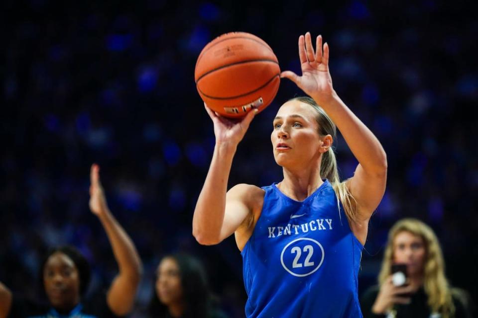 Kentucky guard Maddie Scherr (22) won the three-point-shooting contest at Big Blue Madness in Rupp Arena.