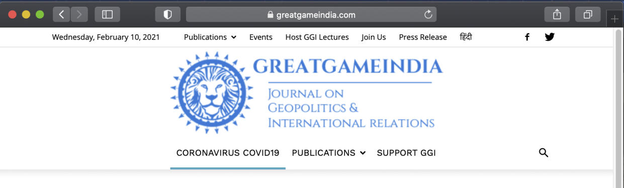 This Feb. 9, 2021 image shows the Great Game India website. Great Game India claims that the virus, which has killed more than 2 million people worldwide, was first found in the lungs of a Saudi man and then sent to labs in the Netherlands and then Canada, where it was stolen by Chinese scientists. (AP Photo)