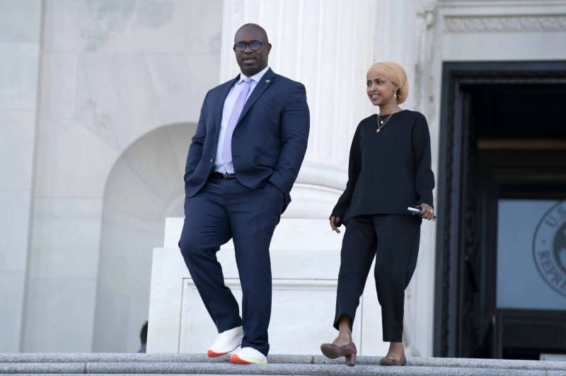 Democratic Rep. Jamaal Bowman (pictured in September with Rep. Ilhan Omar, D-M.N.) said Wednesday he was responsible for pulling a fire alarm in a congressional office building during a key House vote in late September and plans to pay a fine in court. File Photo by Bonnie Cash/UPI