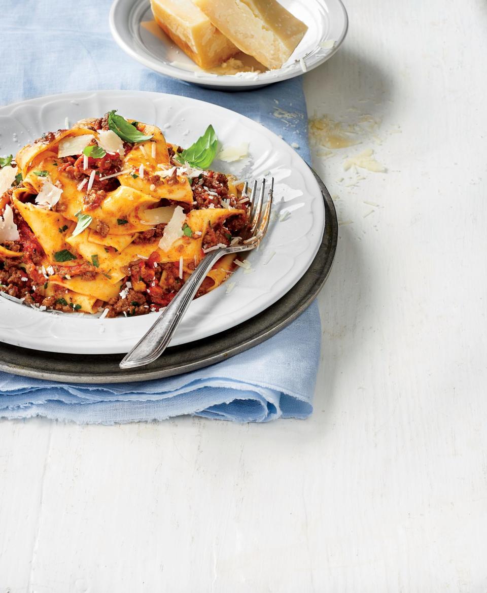 Slow-Cooker Bolognese Sauce over Pappardelle Pasta