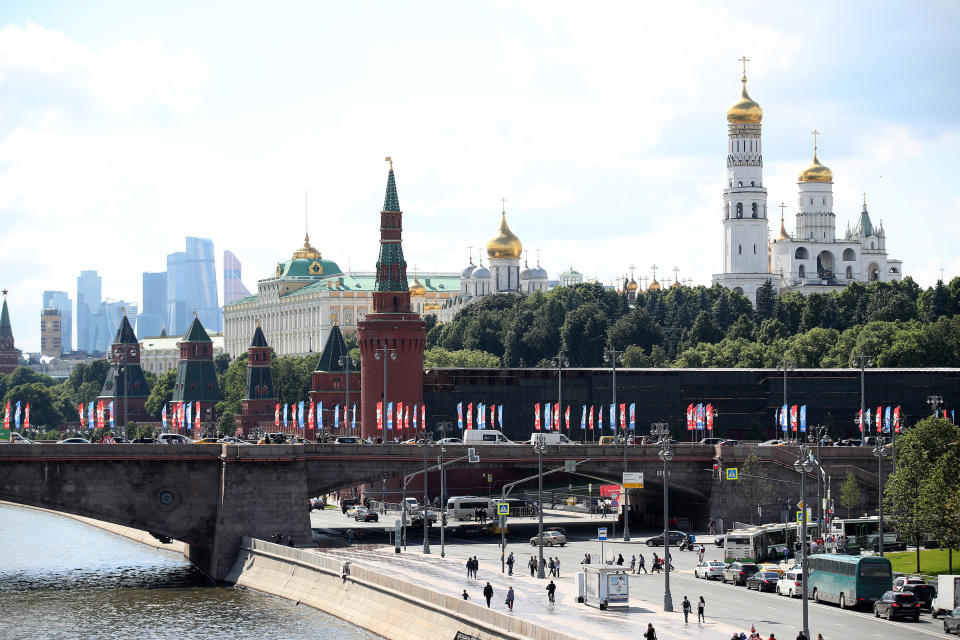 World Cup banners adorn the streets of Moscow near Cathedral Square the day before the start of the tournament. (PA)