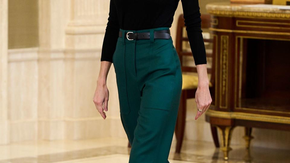 Queen Letizia of Spain stunned in bottle green and chunky black loafers