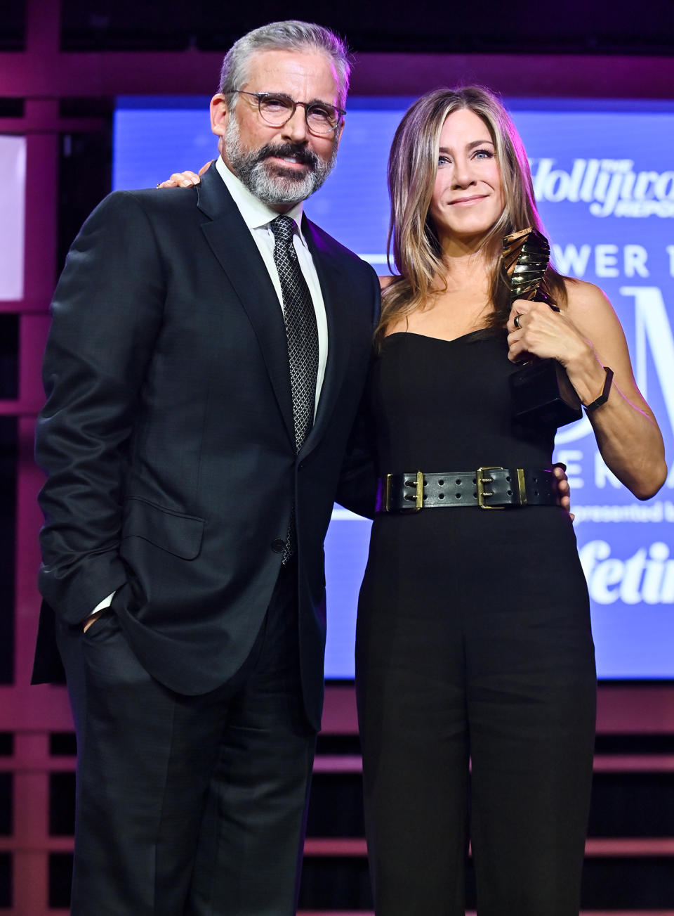 <p>Steve Carell presents The Sherry Lansing Leadership Award to honoree Jennifer Aniston at <em>The Hollywood Reporter</em>'s 2021 Women in Entertainment Power 100 event at Fairmont Century Plaza on Dec. 8 in L.A.</p>