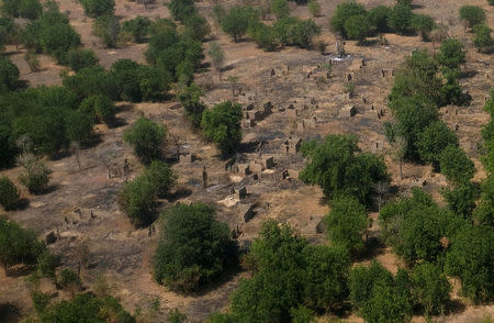FILE PHOTO: An aerial view of buildings standing on scorched ground that have been destroyed in the conflict with Boko Haram in the Bama region of Borno state, Nigeria November 23, 2017. REUTERS/Paul Carsten/File Photo
