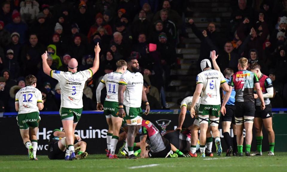 Ben White scores London Irish’s third try in the win over the champions