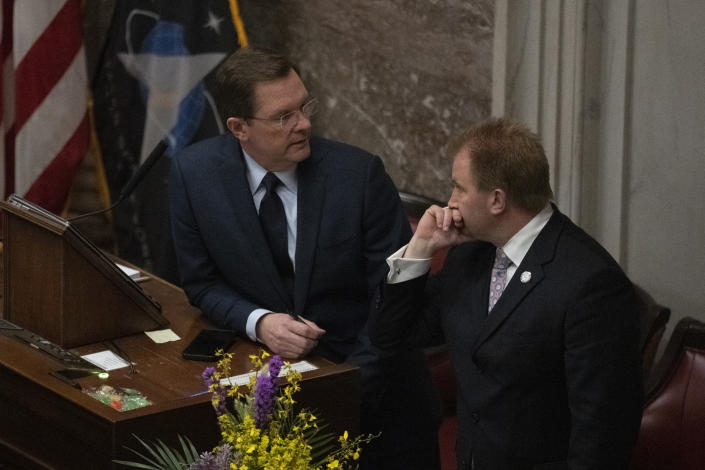 House Speaker Cameron Sexton, R-Crossville, speaks with Rep. William Lamberth, R-Portland, in the House chamber Monday, April 10, 2023, in Nashville, Tenn. (George Walker IV/AP Photo)