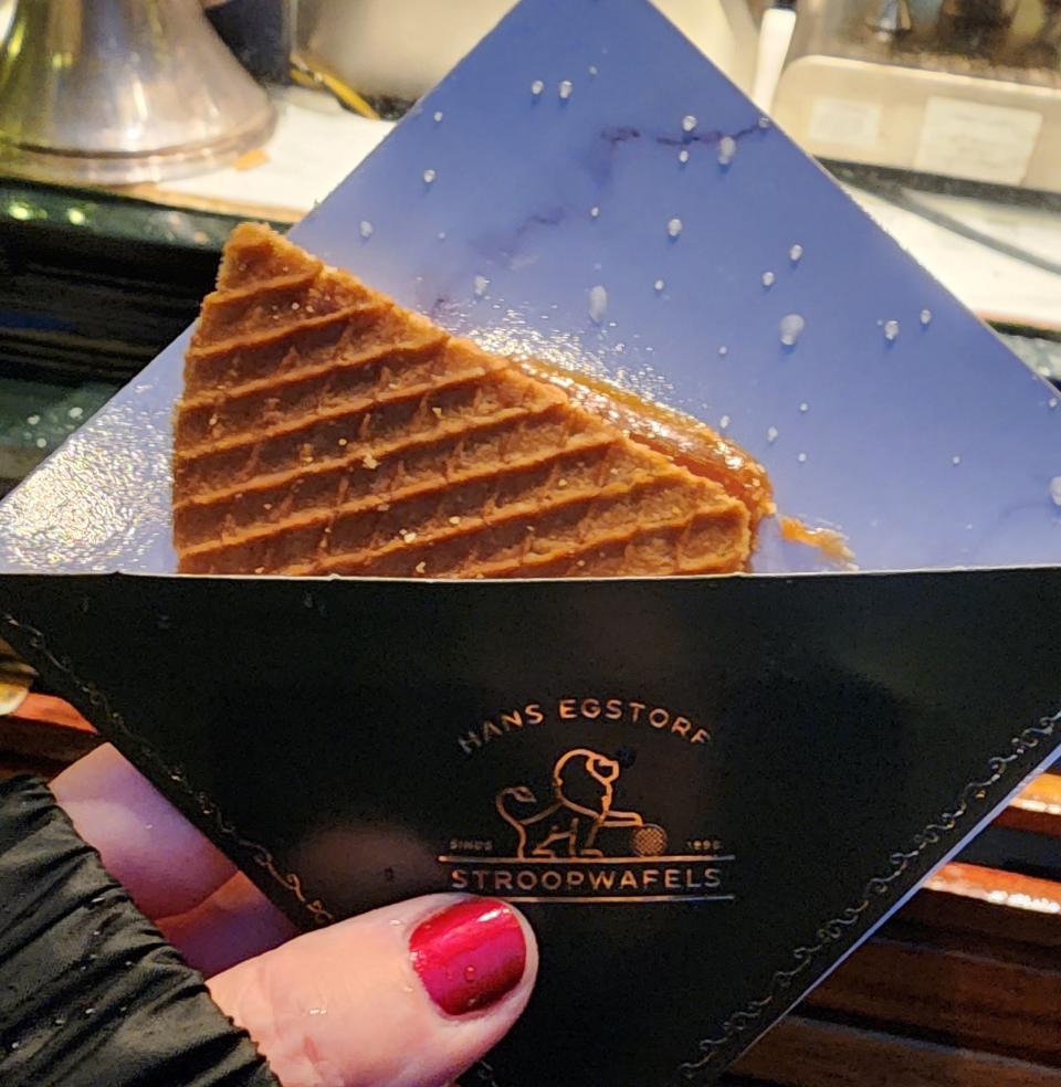 A stroopwafel from a shop in Amsterdam. The flavor of this treat right off the waffle maker has nothing in common with the taste of the packaged ones you buy in the United States.