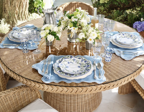 AERIN for Williams Sonoma - AERIN blue placemats, napkins, and dinnerware for the Williams Sonoma Home Dinner Table (Photo: Williams Sonoma)