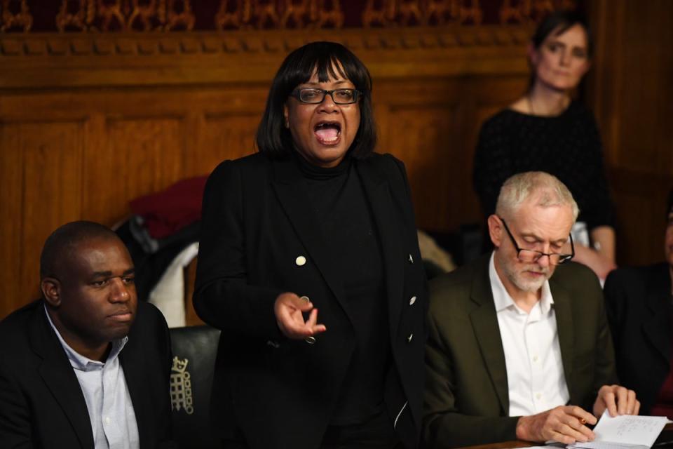 David Lammy MP, Shadow Home Secretary Diane Abbott and Labour leader Jeremy Corbyn at a meeting with representatives of the Windrush generation, 2018 (Getty Images)