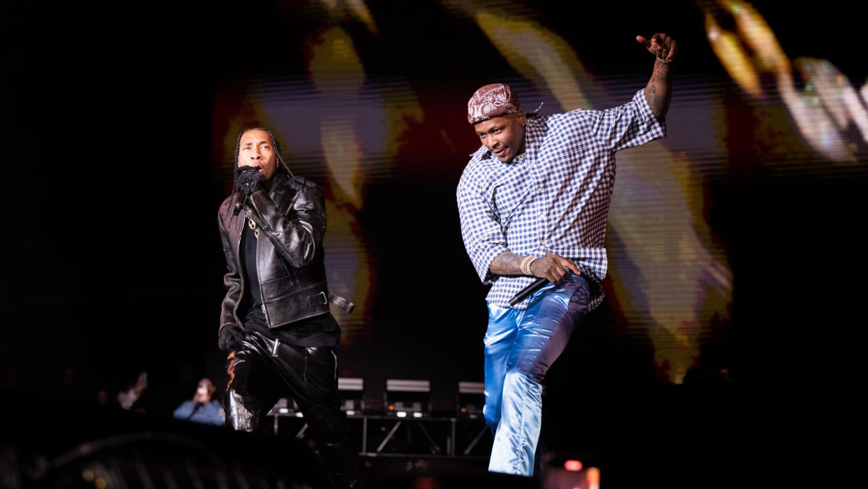Rappers Tyga and YG perform onstage during the first day of Rolling Loud Los Angeles 2023 at Hollywood Park Grounds on March 03, 2023 in Inglewood, California.