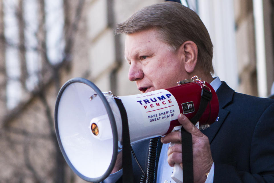 FILE - Former Nevada Assemblyman Jim Marchant addresses a crowd in front of the Nevada Capitol, March 4, 2021, in Carson, City, Nev. Marchant insisted there hadn't been a legitimate election in his state in more than a decade. But when he won the Republican nomination for Nevada secretary of state tin June 2022, he immediately celebrated the victory as legitimate.(Ricardo Torres-Cortez/Las Vegas Sun via AP, File)