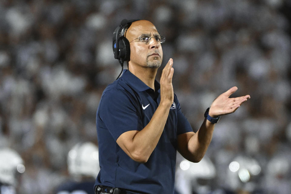 Penn State head coach James Franklin reacts during the second half of an NCAA college football game against West Virginia, Saturday, Sept. 2, 2023, in State College, Pa. (AP Photo/Barry Reeger)