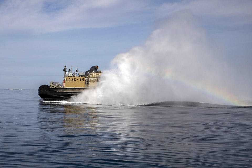 Sailors assigned to Assault Craft Unit (ACU) Four operate landing craft air cushions (LCAC) during recovery efforts of debris from a Chinese high altitude balloon in the Atlantic Ocean, off the coast of Myrtle Beach, S.C (Eric Moser  / U.S. Navy  via AP)