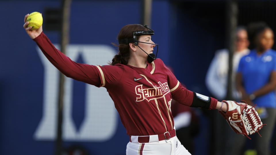 FILE - Florida State's Kathryn Sandercock (32) pitches during an NCAA college softball game against Duke, Friday, March 24, 2023, in Durham, N.C. On Monday, May 8, 2023, Sandercock was one of 14 players invited to play in the Athletes Unlimited’s AUX and Championship seasons this summer. (AP Photo/Ben McKeown, File)