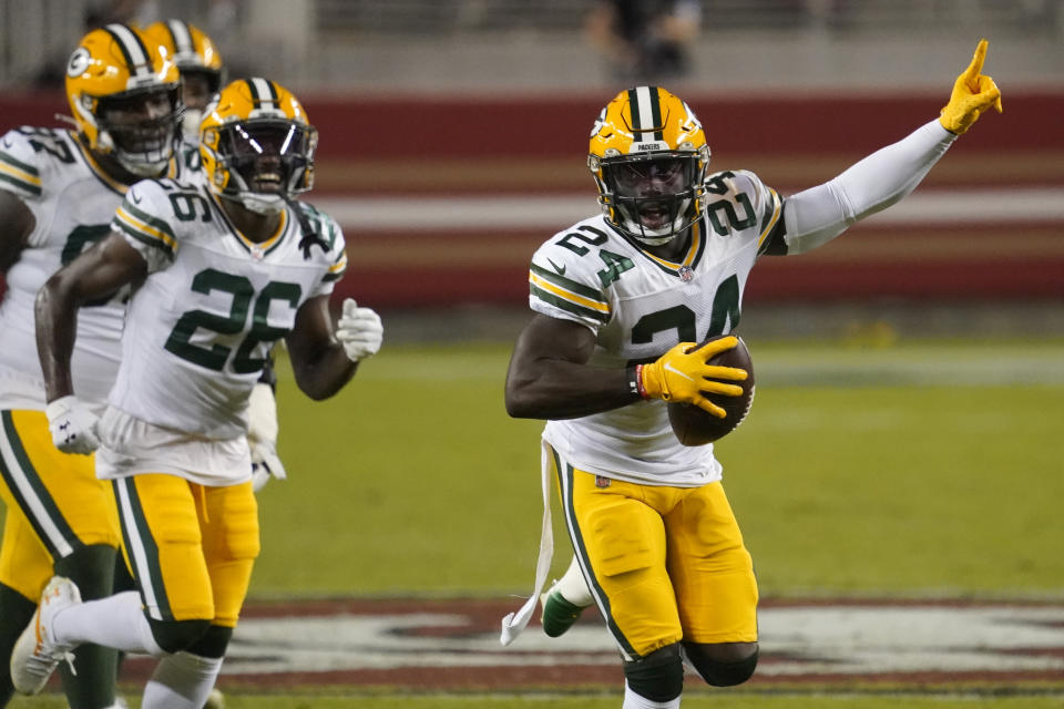 Green Bay Packers safety Raven Greene (24) celebrates after intercepting a pass against the San Francisco 49ers during the first half of an NFL football game in Santa Clara, Calif., Thursday, Nov. 5, 2020. (AP Photo/Tony Avelar)