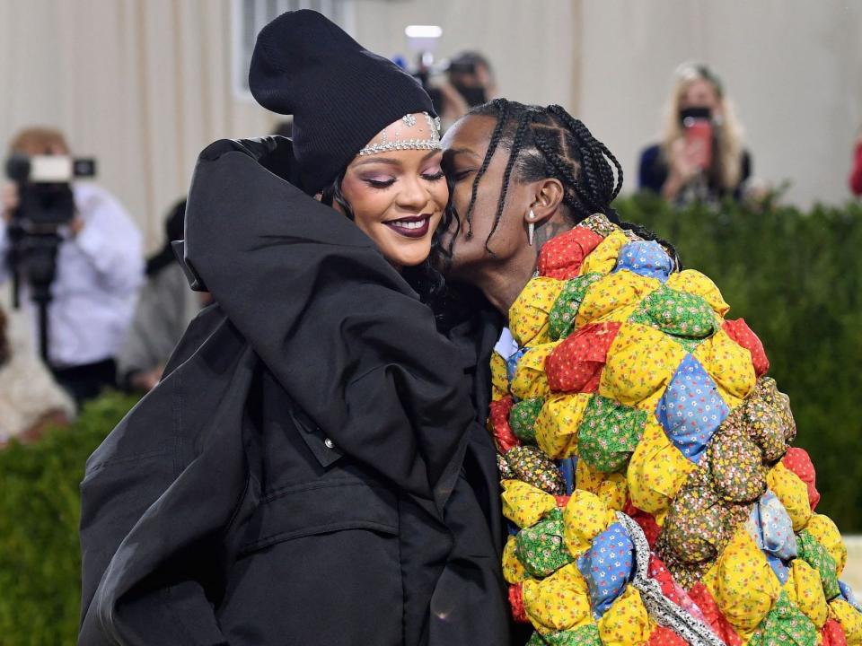 Barbadian singer Rihanna and US rapper A$AP Rocky arrive for the 2021 Met Gala at the Metropolitan Museum of Art on September 13, 2021 in New York. - This year's Met Gala has a distinctively youthful imprint, hosted by singer Billie Eilish, actor Timothee Chalamet, poet Amanda Gorman and tennis star Naomi Osaka, none of them older than 25. The 2021 theme is "In America: A Lexicon of Fashion."