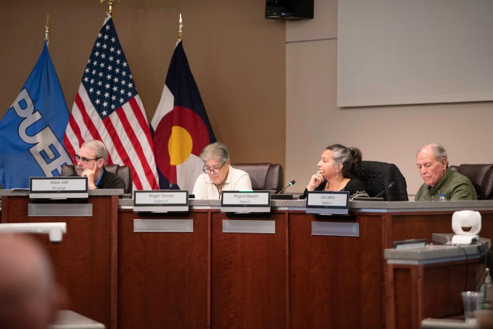 From left: Pueblo City Councilors Mark Aliff, Roger Gomez, Regina Maestri and Joe Latino pictured at a February 2024 council meeting. All voted to bring back the city's marijuana excise tax Monday evening.