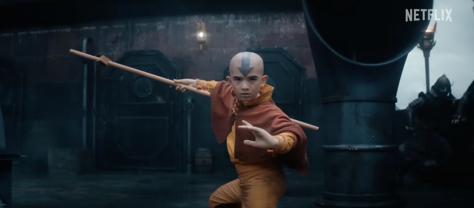 Aang, from 'Avatar: The Last Airbender,' in a fighting stance with a staff