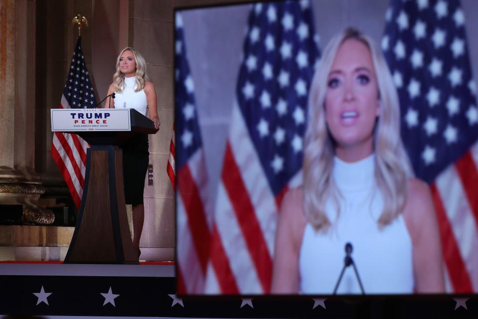 White House Press Secretary Kayleigh McEnany pre-records her address to the Republican National Convention from inside an empty Mellon Auditorium on August 26, 2020 in Washington, DC.