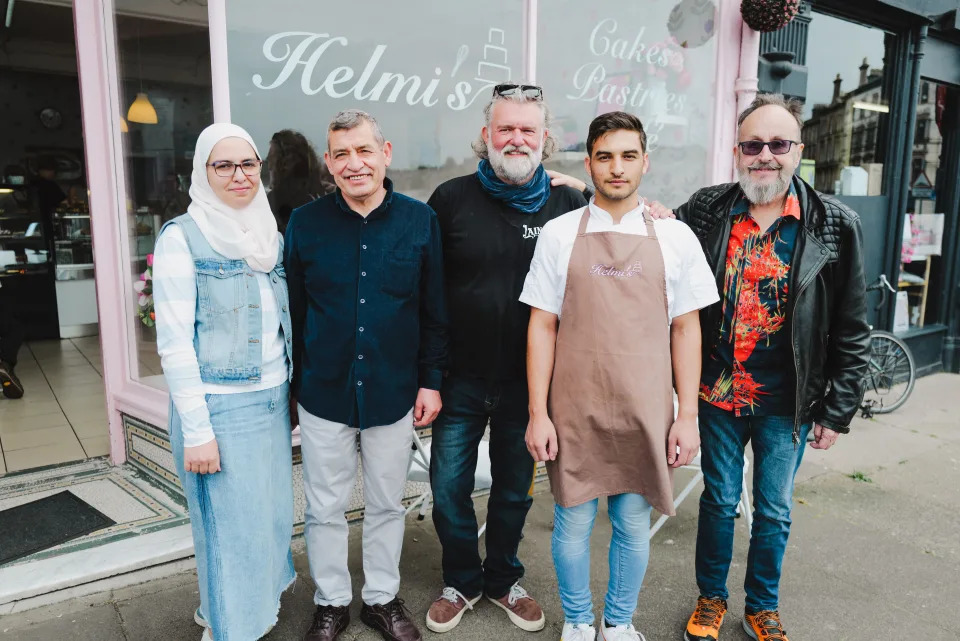 The Hairy Bikers met Syrian refugees Tasnim, Bachar and Majd Helmi who have opened their own bakery in Scotland. (BBC)