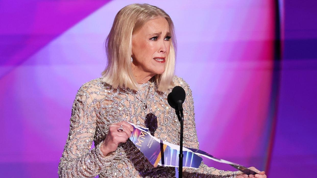 Catherine O'Hara rips up the envelope at the 76th Primetime Emmy Awards held at Peacock Theater.