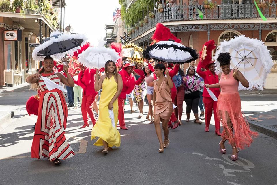 <p><strong>Cast: </strong>Regina Hall, Jada Pinkett Smith, Tiffany Haddish, Queen Latifah, Larenz Tate, Kofi Siriboe, Kate Walsh</p><p>In this breakout comedy that will actually make your laugh-out-loud, four best friends known as the Flossy Posse reunite in New Orleans as one member of the group is a keynote speaker at Essence Festival. What follows is delightful drunken chaos.</p><p><a class="link " href="https://www.amazon.com/Girls-Trip-Regina-Hall/dp/B073VD4W4Z?tag=syn-yahoo-20&ascsubtag=%5Bartid%7C10072.g.34125298%5Bsrc%7Cyahoo-us" rel="nofollow noopener" target="_blank" data-ylk="slk:Watch Now;elm:context_link;itc:0;sec:content-canvas">Watch Now</a><br></p>