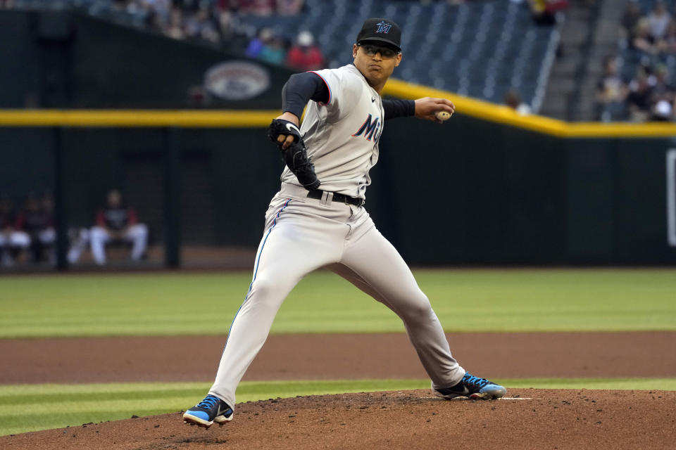 Miami Marlins pitcher Jesus Luzardo throws against the Arizona Diamondbacks in the first inning during a baseball game, Tuesday, May 10, 2022, in Phoenix. (AP Photo/Rick Scuteri)