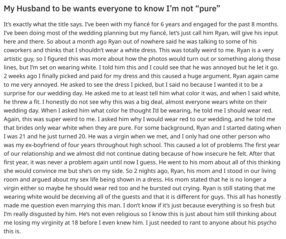 "My Husband to be wants everyone to know I'm not 'pure'"