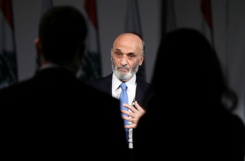 Samir Geagea, the leader of Lebanon's Christian Lebanese Forces party, speaks during an interview with Reuters at his residence in Maarab