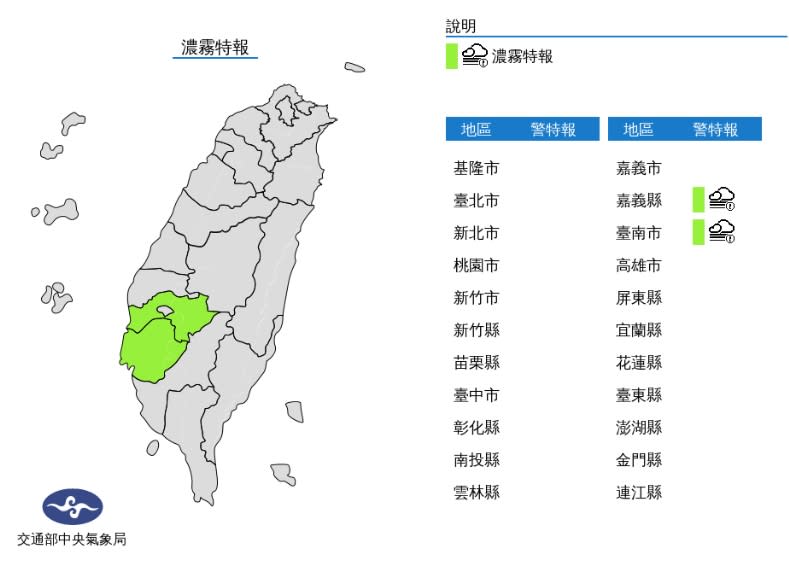 中央氣象局發布濃霧特報。（圖／中央氣象局） 