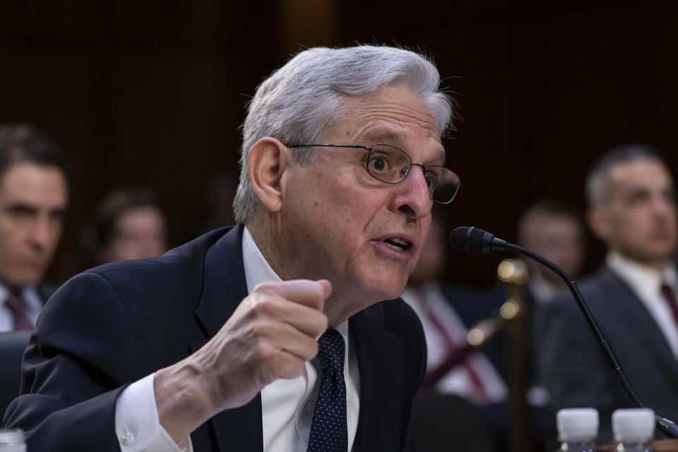 FILE - Attorney General Merrick Garland testifies as the Senate Judiciary Committee examines the Department of Justice, at the Capitol in Washington, Wednesday, March 1, 2023. Former President Donald Trump can be sued by injured Capitol Police officers and Democratic lawmakers over the Jan. 6, 2021 insurrection at the U.S. Capitol, the Justice Department said Thursday in an ongoing federal court case testing the limits of executive power. (AP Photo/J. Scott Applewhite, File)