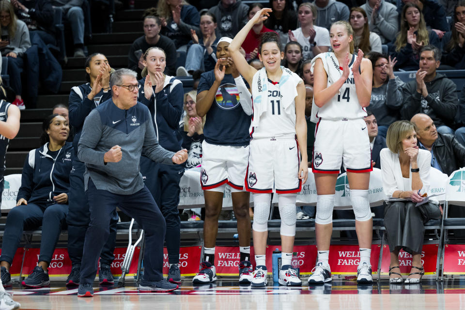 UConn Huskies head coach Geno Auriemma celebrates on the sideline during a women&#39;s college basketball game on Jan. 21, 2023. (Zach Bolinger/Icon Sportswire via Getty Images)