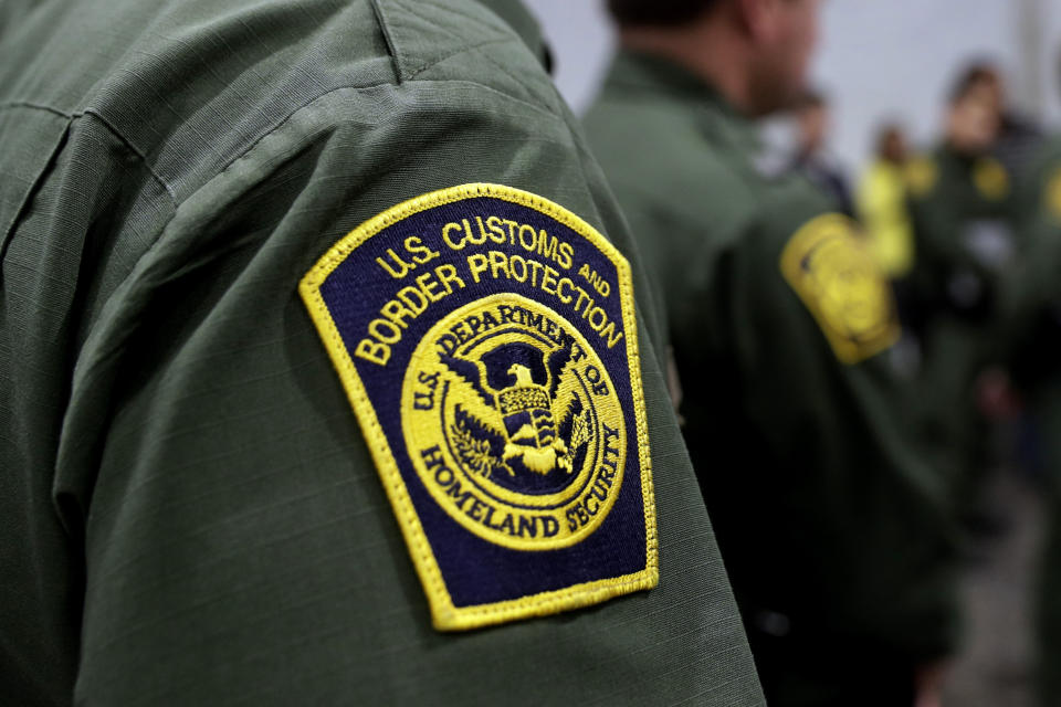 Border Patrol agents hold a news conference prior to a media tour of a new U.S. Customs and Border Protection temporary facility near the Donna International Bridge in Donna, Texas in 2021. (Eric Gay/AP)