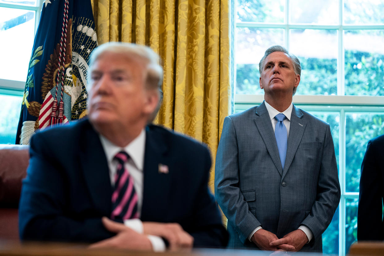 donald-trump-kevin-mccarthy-inferiority-complex.jpg President Trump Signs Paycheck Protection Program And Health Care Enhancement Act In Oval Office - Credit: Anna Moneymaker/The New York Times/POOL/Getty Images