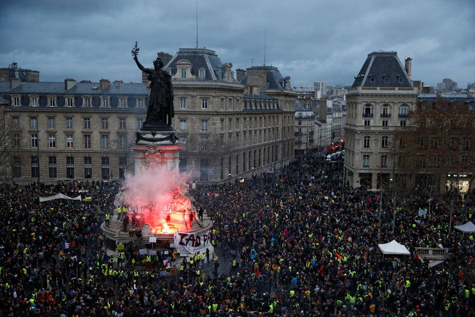 A view of the Place de la République as protesters wearing yellow vests gather during a national day of protest by the “yellow vests” movement in Paris, on Dec. 8, 2018. (Photo: Stéphane Mahé/Reuters)