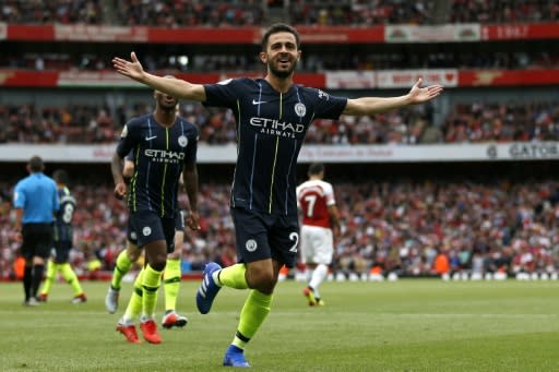 Manchester City's Bernardo Silva celebrates after scoring the second goal at Arsenal